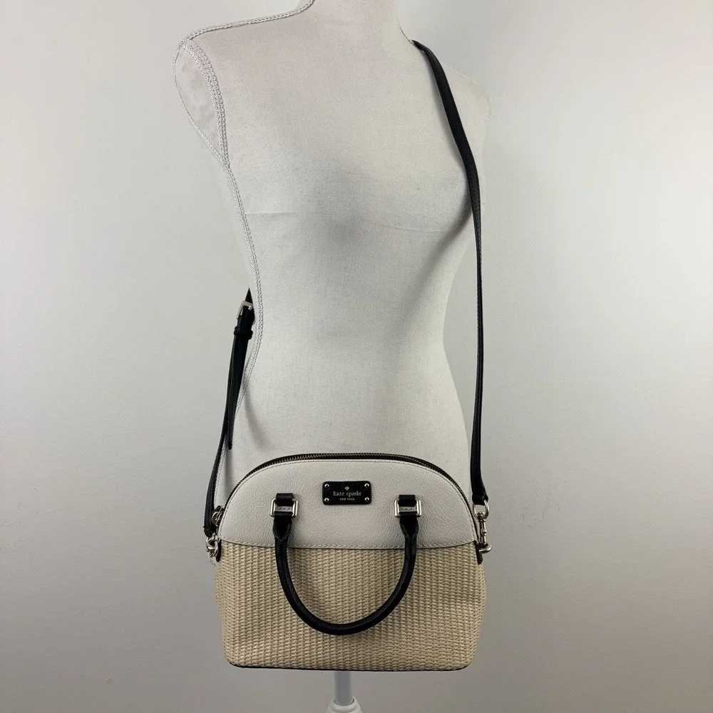 Kate Spade Reiley Straw Dome Satchel Crossbody Bag Cream Black Leather Woven
